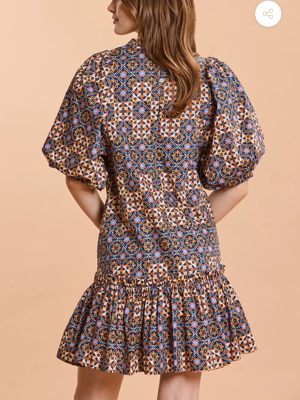 Tyler Boe Geometric Puff-Sleeve Mini Dress in Navy & Peach